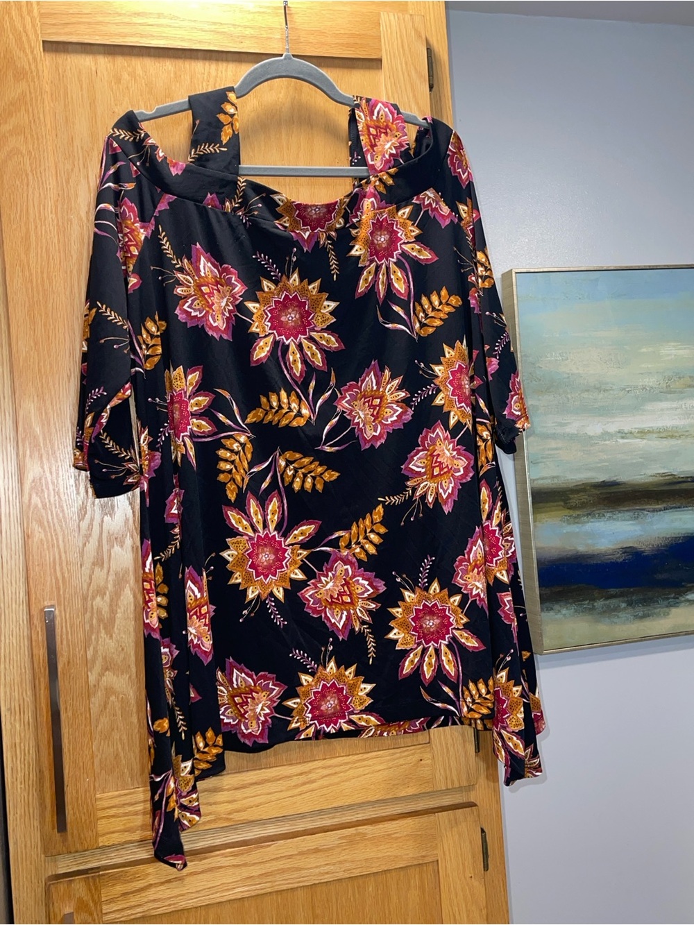 Catherines Black Long-Sleeve Floral Tunic shirt W/ Pink & Gold Bloom | Sz XL